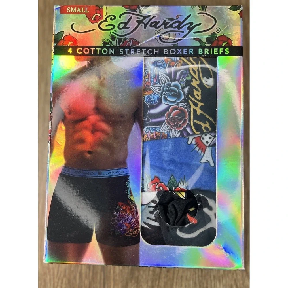 Ed Hardy Mens 4 Pack Cotton Stretch Boxer Briefs Small Tattoo Skulls Roses New
